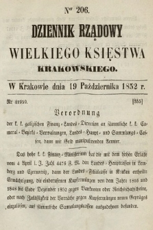 Dziennik Rządowy Wielkiego Księstwa Krakowskiego. 1852, nr 206