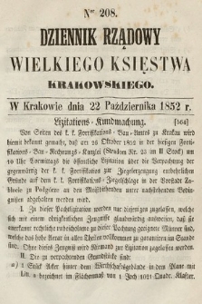 Dziennik Rządowy Wielkiego Księstwa Krakowskiego. 1852, nr 208