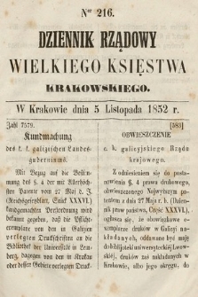 Dziennik Rządowy Wielkiego Księstwa Krakowskiego. 1852, nr 216