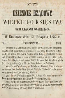 Dziennik Rządowy Wielkiego Księstwa Krakowskiego. 1852, nr 226