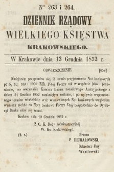 Dziennik Rządowy Wielkiego Księstwa Krakowskiego. 1852, nr 263-264
