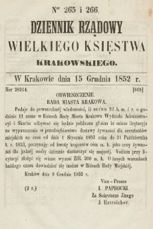 Dziennik Rządowy Wielkiego Księstwa Krakowskiego. 1852, nr 265-266