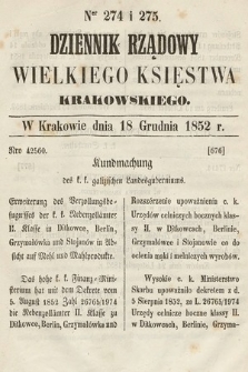 Dziennik Rządowy Wielkiego Księstwa Krakowskiego. 1852, nr 274-275