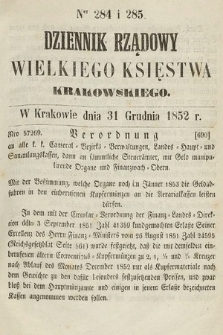 Dziennik Rządowy Wielkiego Księstwa Krakowskiego. 1852, nr 284-285