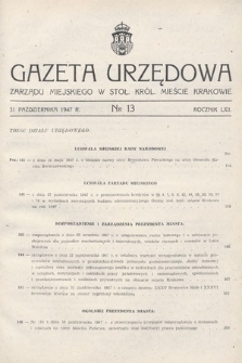 Gazeta Urzędowa Zarządu Miejskiego w Stoł. Król. Mieście Krakowie. 1947, nr 13