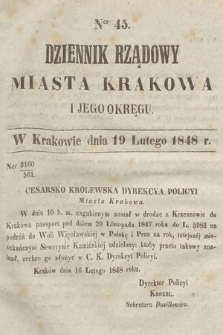 Dziennik Rządowy Miasta Krakowa i Jego Okręgu. 1848, nr 45