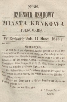 Dziennik Rządowy Miasta Krakowa i Jego Okręgu. 1848, nr 59