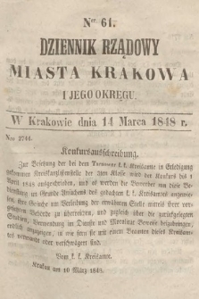 Dziennik Rządowy Miasta Krakowa i Jego Okręgu. 1848, nr 61