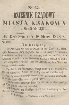 Dziennik Rządowy Miasta Krakowa i Jego Okręgu. 1848, nr 62