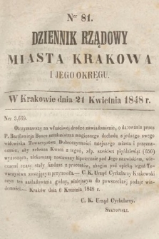 Dziennik Rządowy Miasta Krakowa i Jego Okręgu. 1848, nr 81