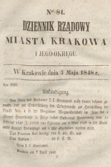 Dziennik Rządowy Miasta Krakowa i Jego Okręgu. 1848, nr 84
