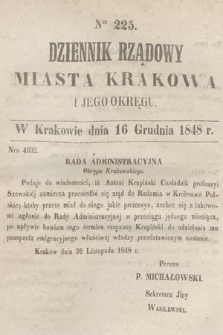Dziennik Rządowy Miasta Krakowa i Jego Okręgu. 1848, nr 225