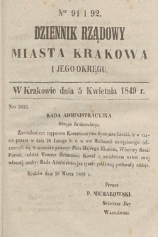 Dziennik Rządowy Miasta Krakowa i Jego Okręgu. 1849, nr 91-92