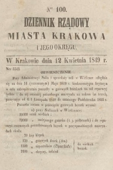 Dziennik Rządowy Miasta Krakowa i Jego Okręgu. 1849, nr 100