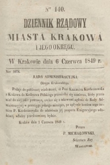 Dziennik Rządowy Miasta Krakowa i Jego Okręgu. 1849, nr 140