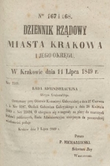 Dziennik Rządowy Miasta Krakowa i Jego Okręgu. 1849, nr 167-168