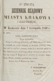 Dziennik Rządowy Miasta Krakowa i Jego Okręgu. 1849, nr 273-274