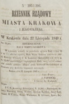 Dziennik Rządowy Miasta Krakowa i Jego Okręgu. 1849, nr 295-296