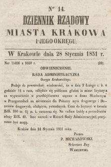 Dziennik Rządowy Miasta Krakowa i Jego Okręgu. 1851, nr 14