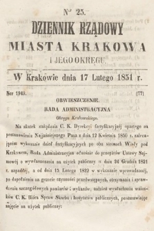 Dziennik Rządowy Misata Krakowa i Jego Okręgu. 1851, nr 25
