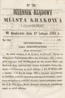 Dziennik Rządowy Misata Krakowa i Jego Okręgu. 1851, nr 26