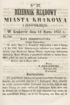 Dziennik Rządowy Misata Krakowa i Jego Okręgu. 1851, nr 37