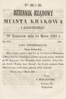Dziennik Rządowy Misata Krakowa i Jego Okręgu. 1851, nr 38-39