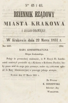 Dziennik Rządowy Misata Krakowa i Jego Okręgu. 1851, nr 45-46