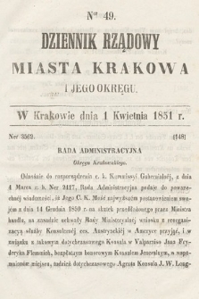 Dziennik Rządowy Misata Krakowa i Jego Okręgu. 1851, nr 49