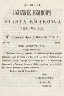 Dziennik Rządowy Misata Krakowa i Jego Okręgu. 1851, nr 53-54