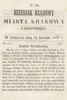Dziennik Rządowy Misata Krakowa i Jego Okręgu. 1851, nr 56