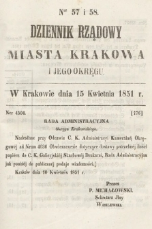 Dziennik Rządowy Misata Krakowa i Jego Okręgu. 1851, nr 57-58