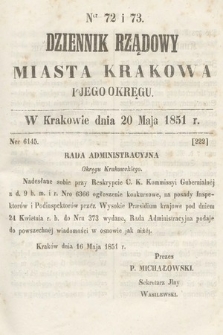 Dziennik Rządowy Misata Krakowa i Jego Okręgu. 1851, nr 72-73