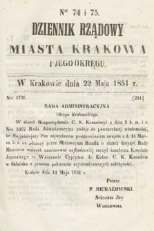 Dziennik Rządowy Misata Krakowa i Jego Okręgu. 1851, nr 74-75