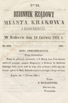 Dziennik Rządowy Misata Krakowa i Jego Okręgu. 1851, nr 91