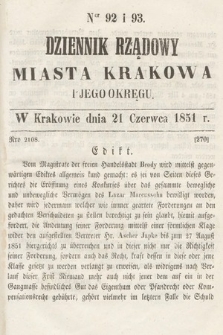 Dziennik Rządowy Misata Krakowa i Jego Okręgu. 1851, nr 92-93