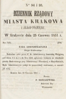 Dziennik Rządowy Misata Krakowa i Jego Okręgu. 1851, nr 94-95