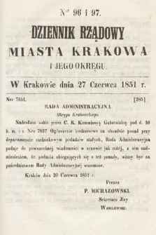 Dziennik Rządowy Misata Krakowa i Jego Okręgu. 1851, nr 96-97