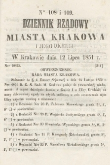 Dziennik Rządowy Misata Krakowa i Jego Okręgu. 1851, nr 108-109