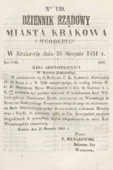 Dziennik Rządowy Misata Krakowa i Jego Okręgu. 1851, nr 139