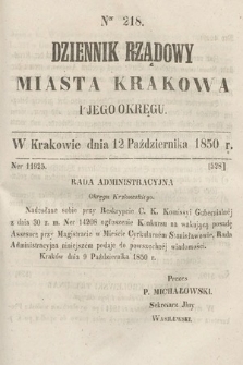 Dziennik Miasta Krakowa i Jego Okręgu. 1850, nr 218