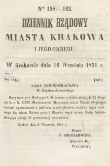 Dziennik Rządowy Misata Krakowa i Jego Okręgu. 1851, nr 158-162