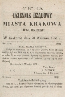 Dziennik Rządowy Misata Krakowa i Jego Okręgu. 1851, nr 167-168