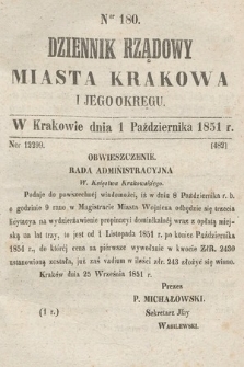 Dziennik Rządowy Misata Krakowa i Jego Okręgu. 1851, nr 180