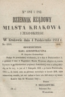 Dziennik Rządowy Misata Krakowa i Jego Okręgu. 1851, nr 181-182