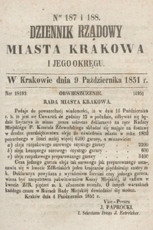 Dziennik Rządowy Misata Krakowa i Jego Okręgu. 1851, nr 187-188