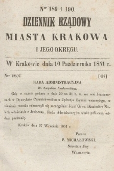 Dziennik Rządowy Misata Krakowa i Jego Okręgu. 1851, nr 189-190