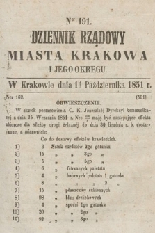 Dziennik Rządowy Misata Krakowa i Jego Okręgu. 1851, nr 191