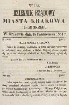 Dziennik Rządowy Misata Krakowa i Jego Okręgu. 1851, nr 193