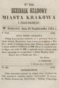Dziennik Rządowy Misata Krakowa i Jego Okręgu. 1851, nr 194